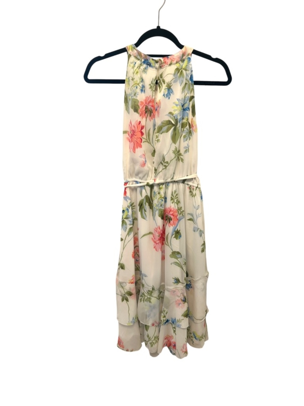 Ann Taylor Floral Chiffon Midi Dress Size 8, Tiered Sleeveless Belted